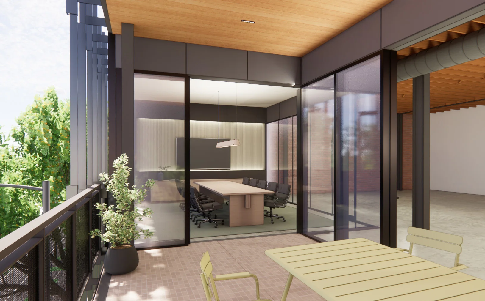 Proposed furnished balcony outside a glass-walled room