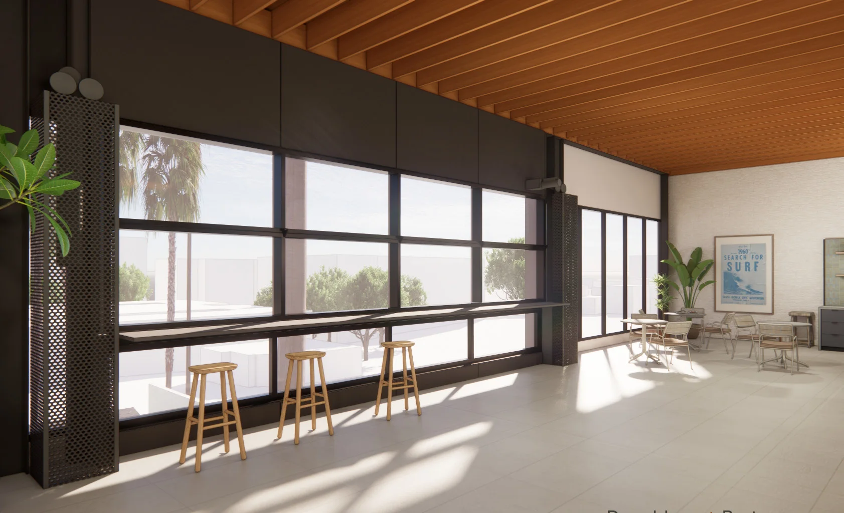 Proposed office interior with broad windows and timber ceiling