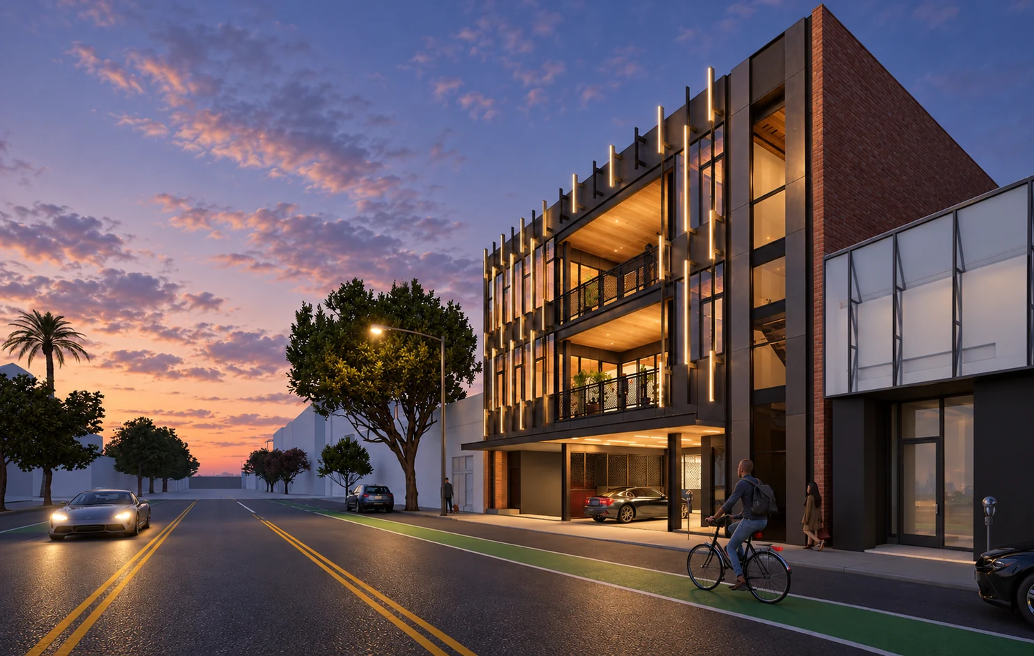 Twilight architectural design of the planned Donaldson+Partners remodel at 1918 Main Street